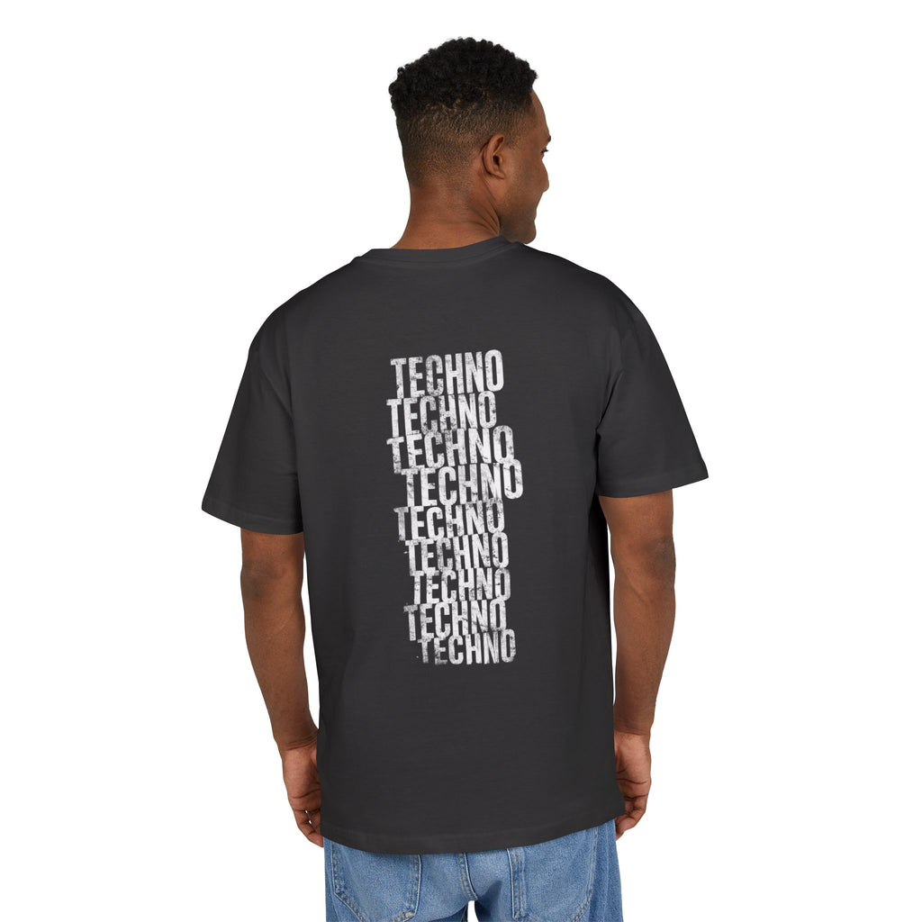 Oversized Tee — Distressed 'Techno' Stacked Graphic