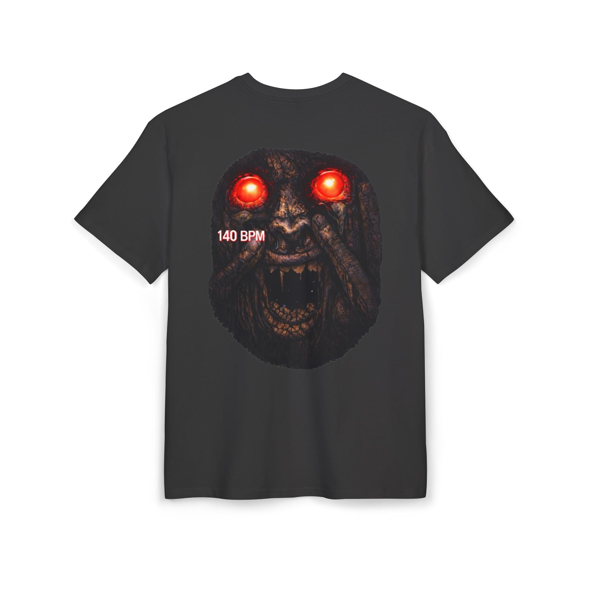 Horror Graphic Tee – Red-Eyed Demon Face with “140 BPM” Back Print
