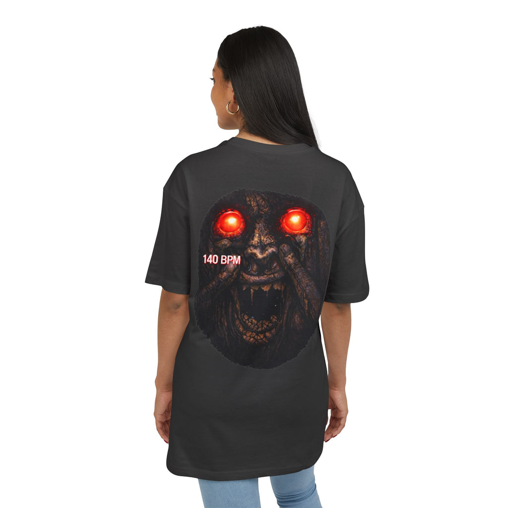 Horror Graphic Tee – Red-Eyed Demon Face with “140 BPM” Back Print