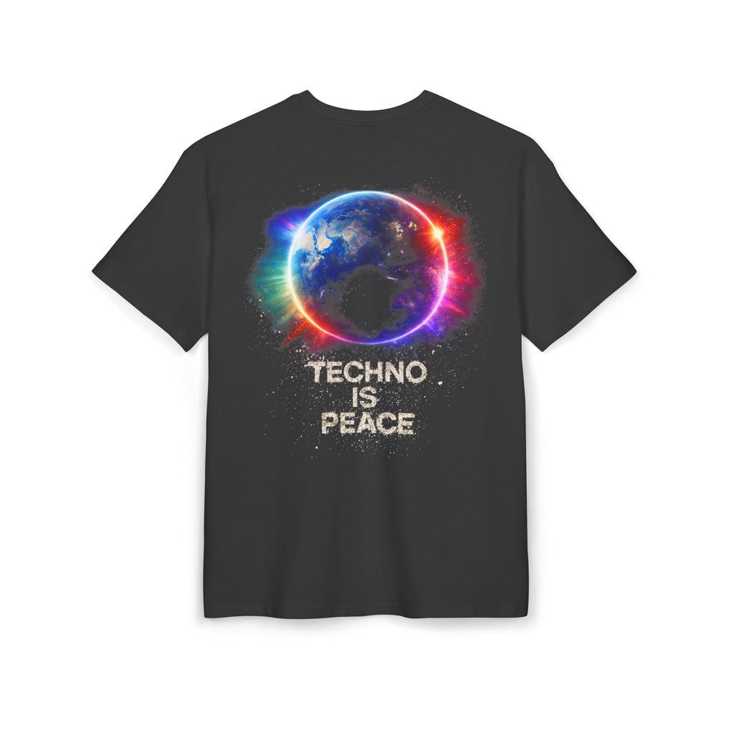 Techno Is Peace Oversized Tee — Rainbow Globe Electronic Music T‑Shirt