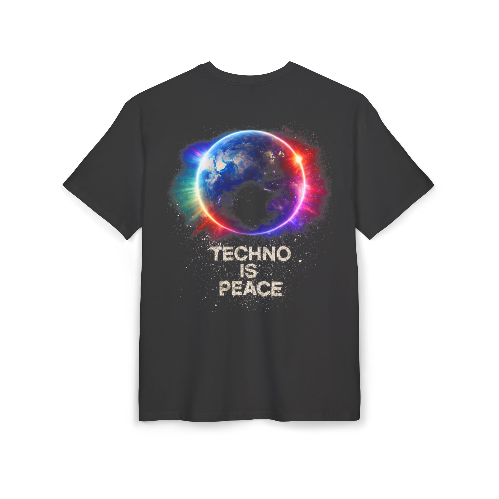 Techno Is Peace Oversized Tee — Rainbow Globe Electronic Music T‑Shirt