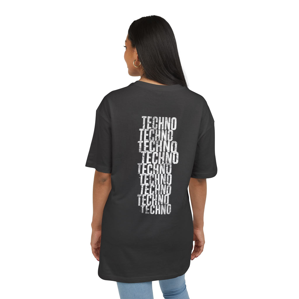 Oversized Tee — Distressed 'Techno' Stacked Graphic