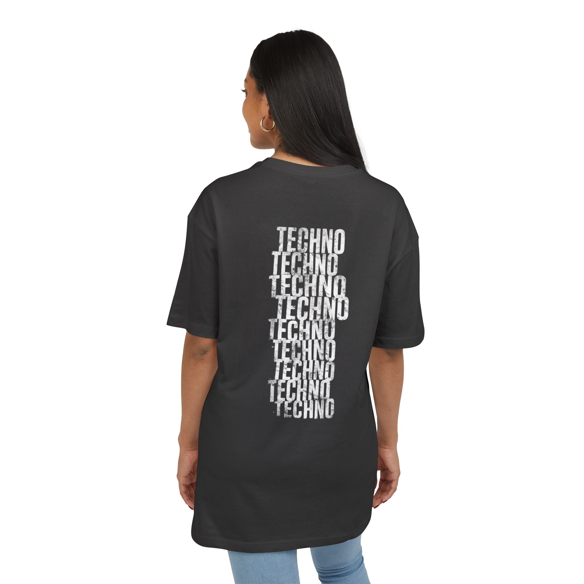 Oversized Tee — Distressed 'Techno' Stacked Graphic