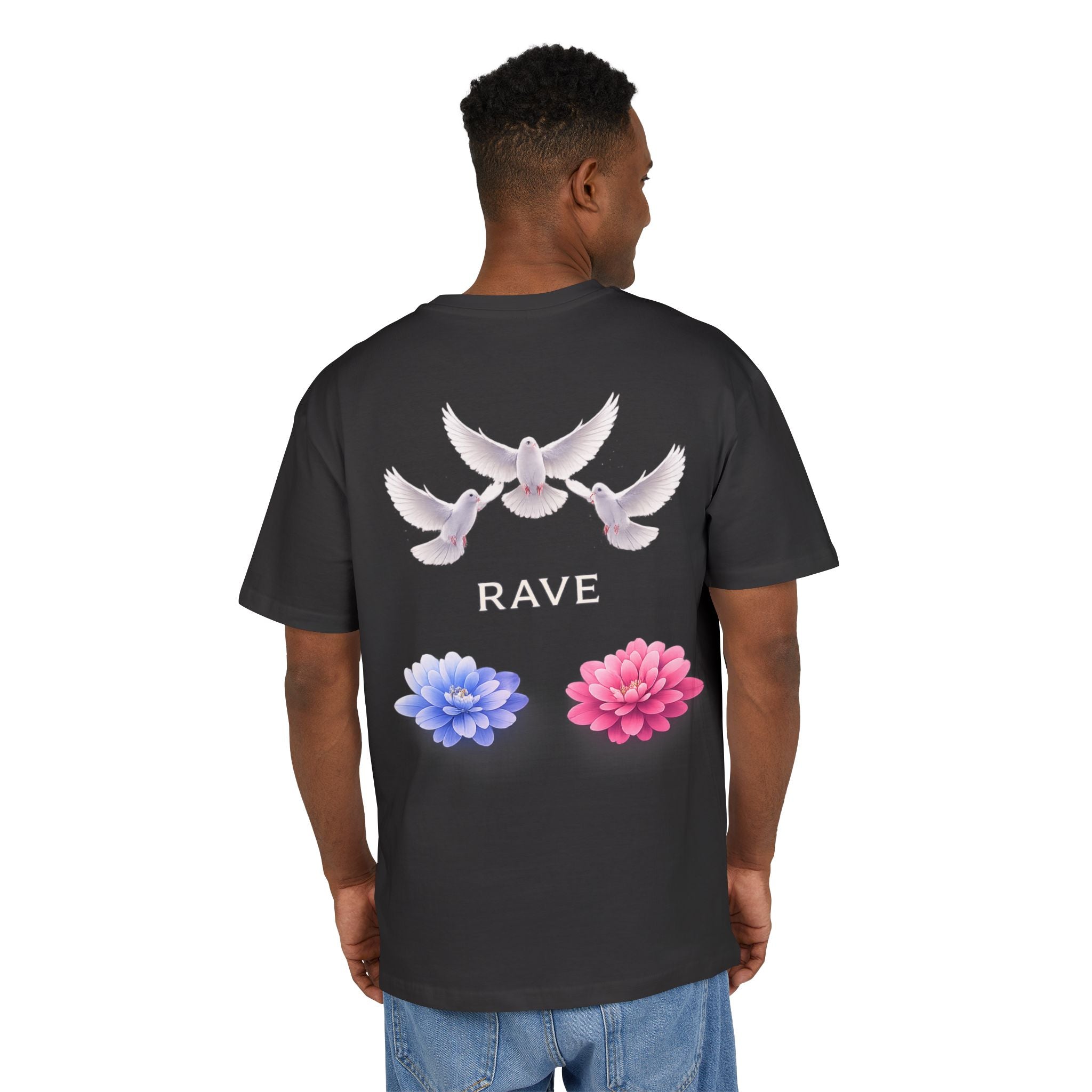 Oversized Tee — Doves & Dual Flowers 'RAVE' Graphic