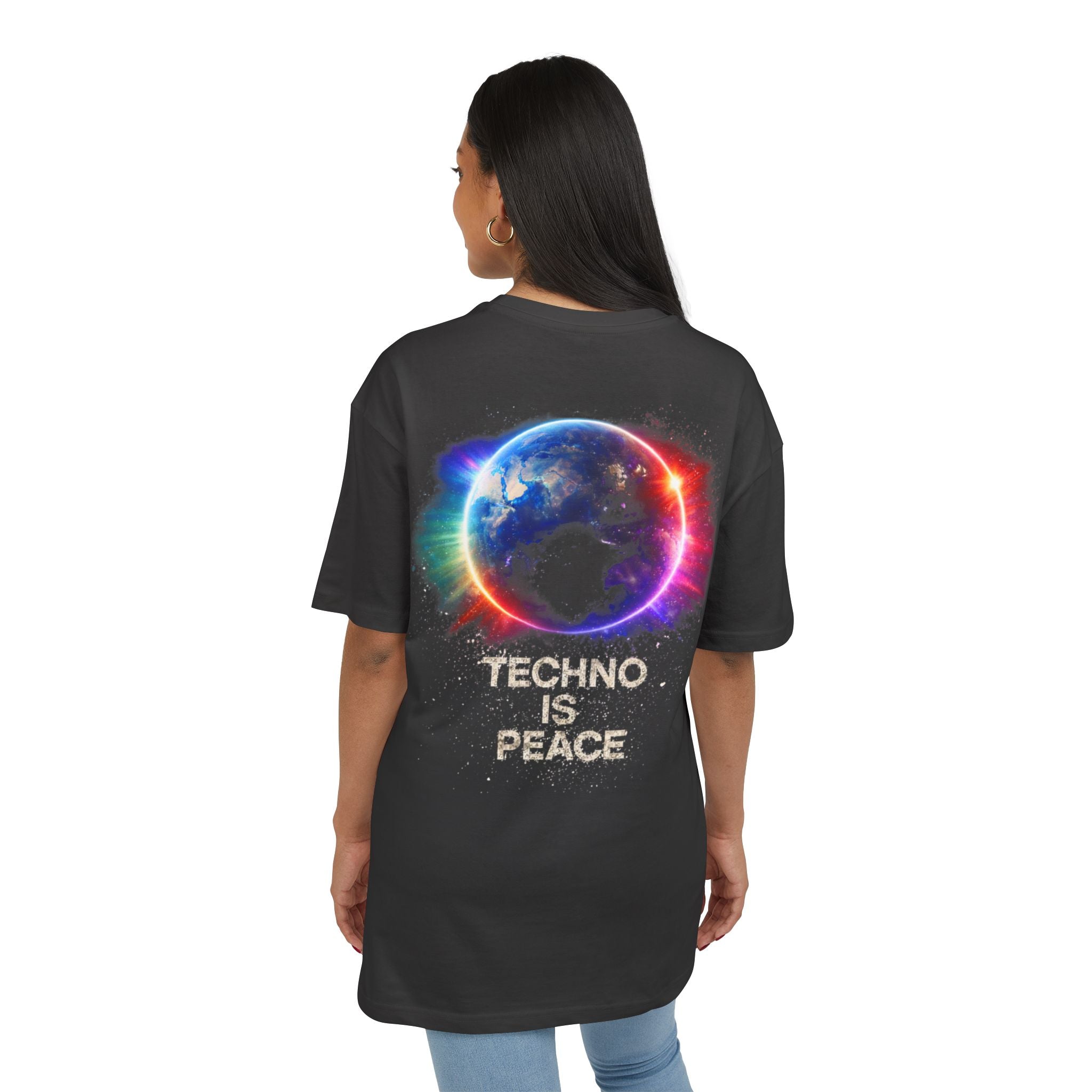 Techno Is Peace Oversized Tee — Rainbow Globe Electronic Music T‑Shirt