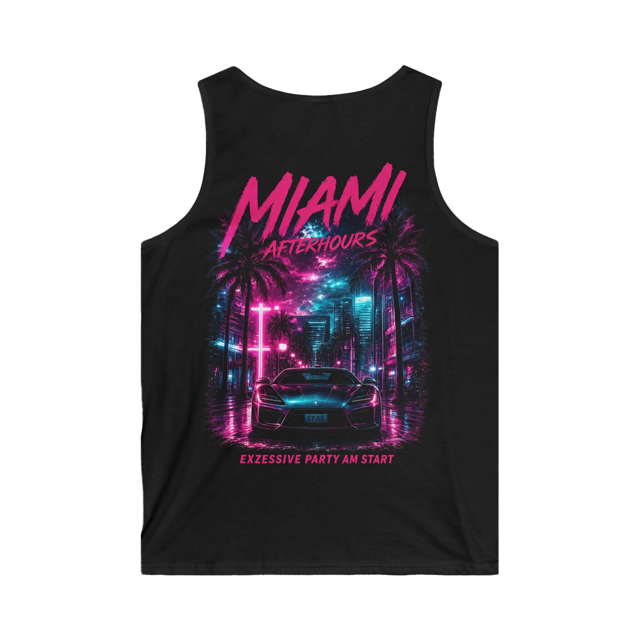 Miami Afterhours Tank Top — Retro Neon Car Beach Party Graphic
