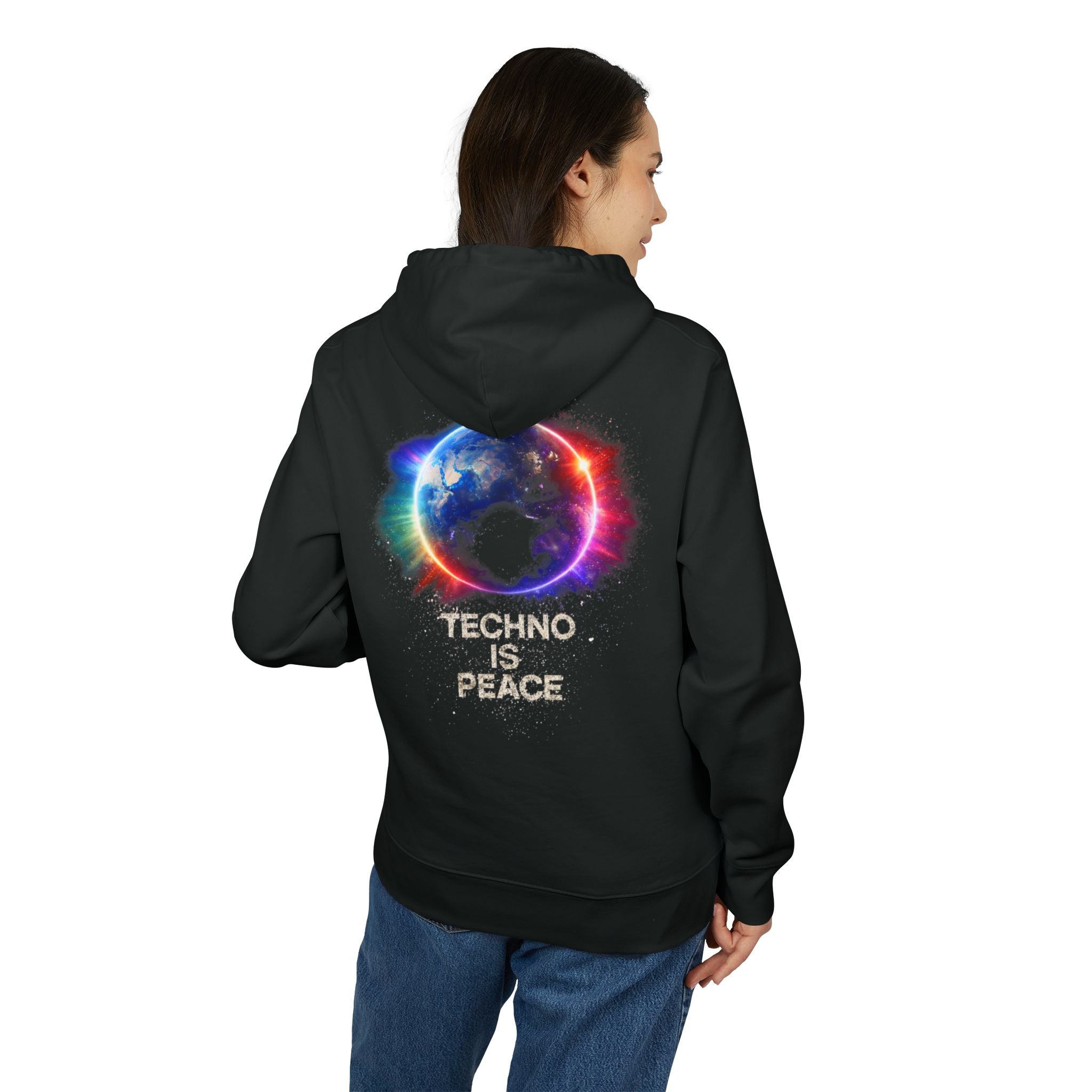 Techno Is Peace Hoodie — Rainbow Earth Electronic Music Pullover