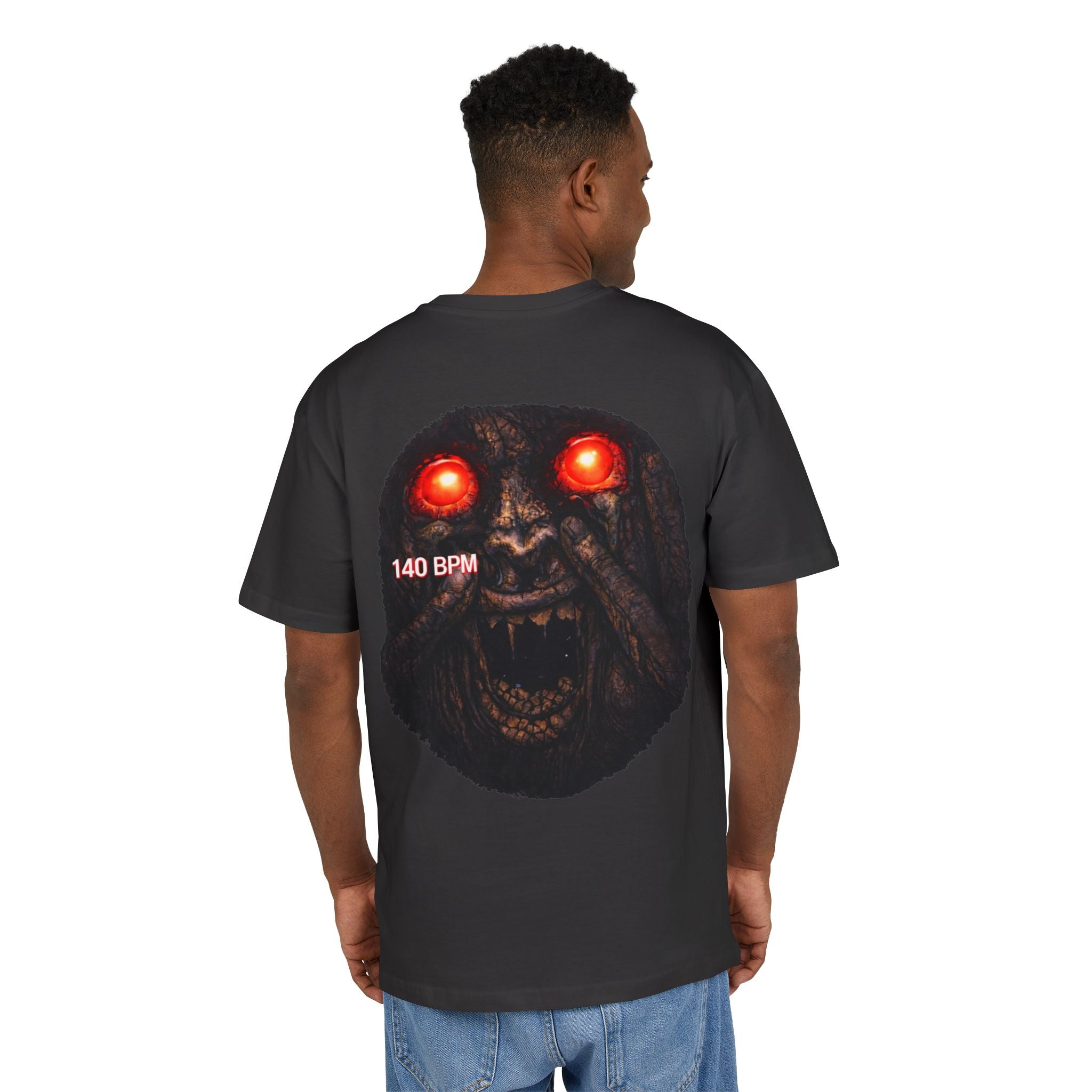 Horror Graphic Tee – Red-Eyed Demon Face with “140 BPM” Back Print