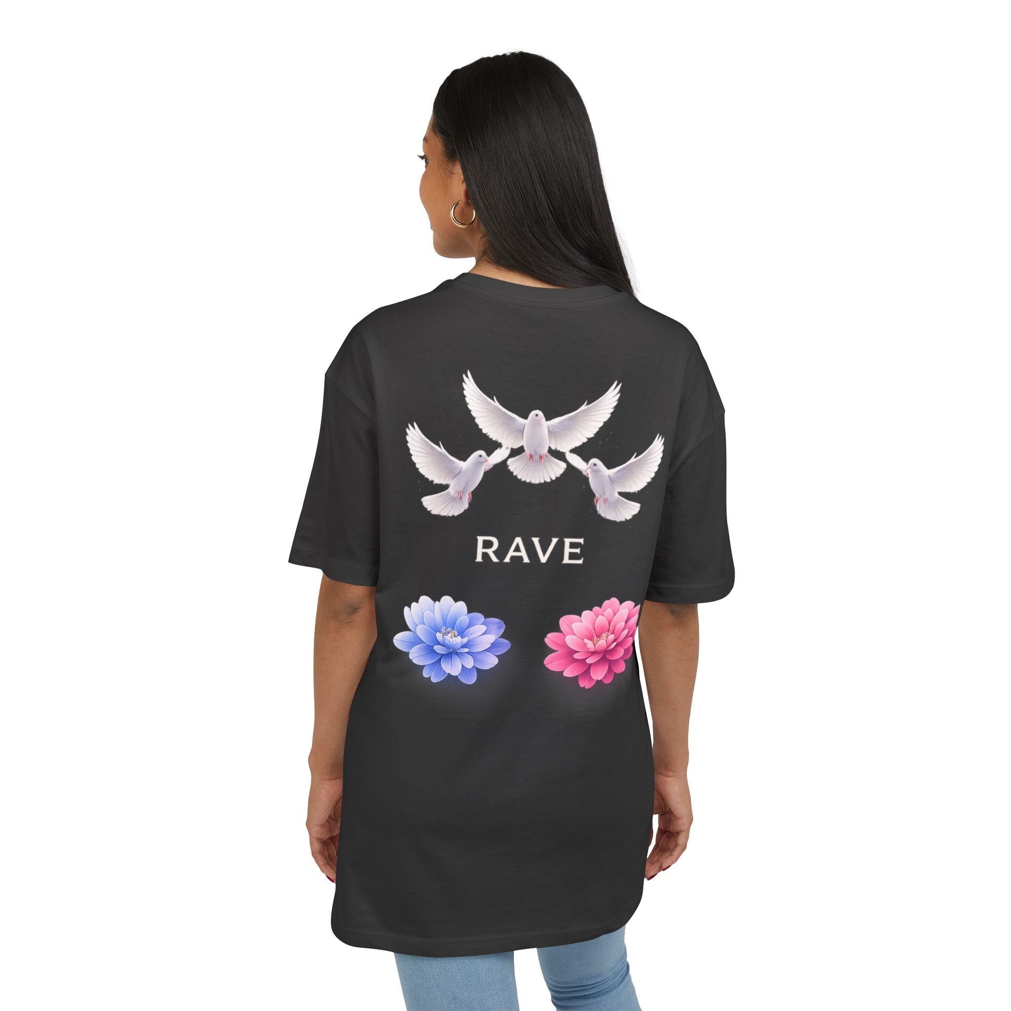 Oversized Tee — Doves & Dual Flowers 'RAVE' Graphic