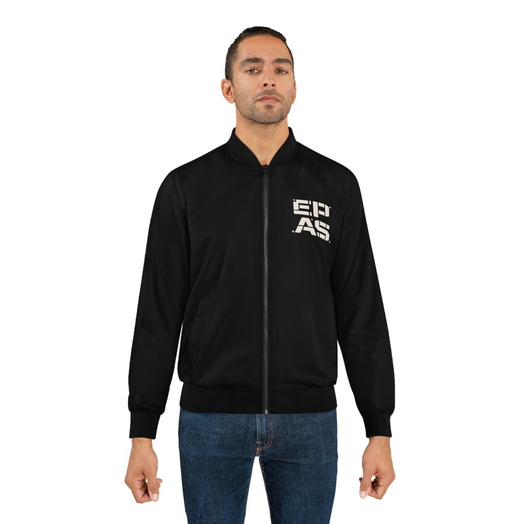 Bear Echo Bomber Jacket — Graphic Men’s Black Bomber with 'EPAS' Chest Logo