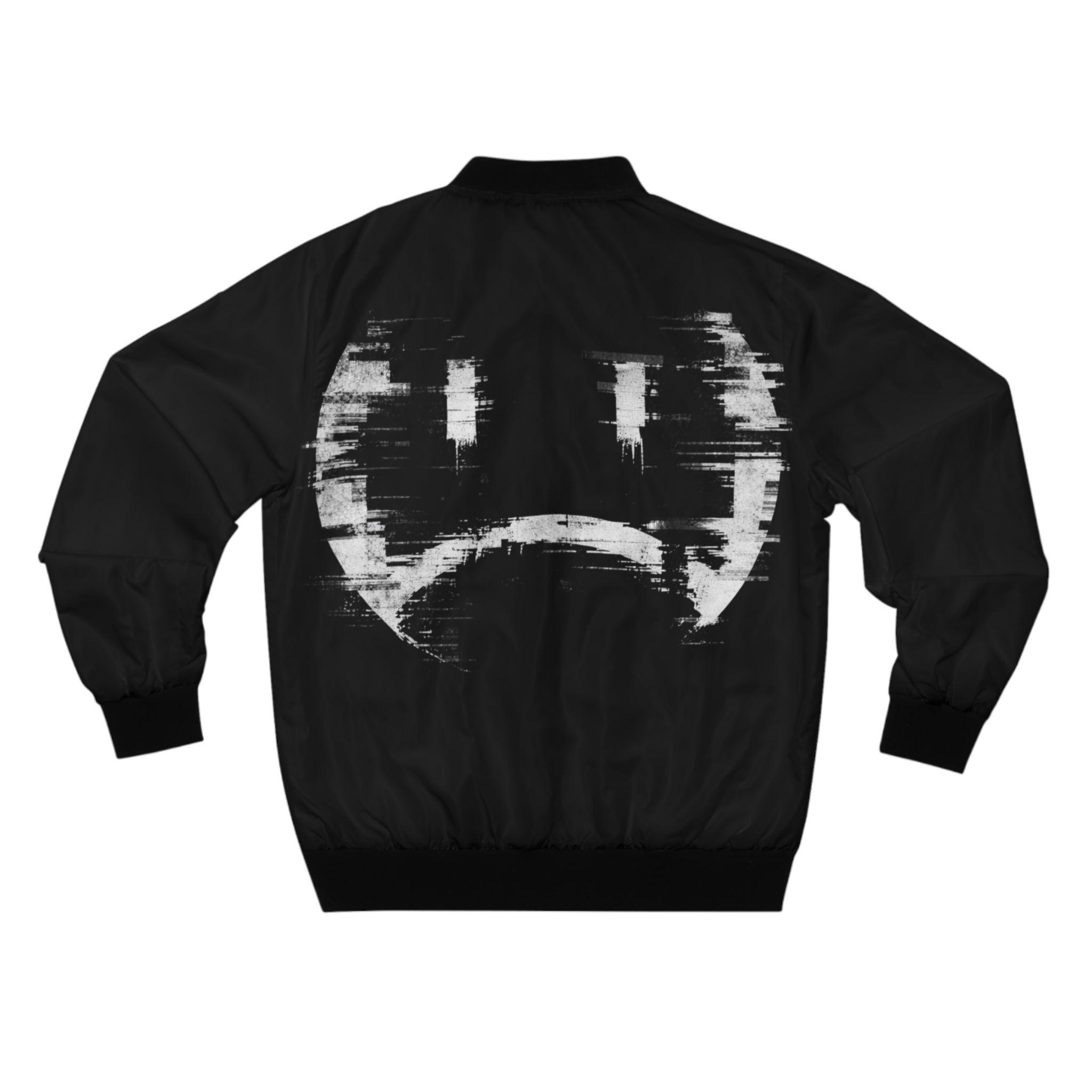 Bomber Jacket — Distressed Glitch Sad Face Graphic
