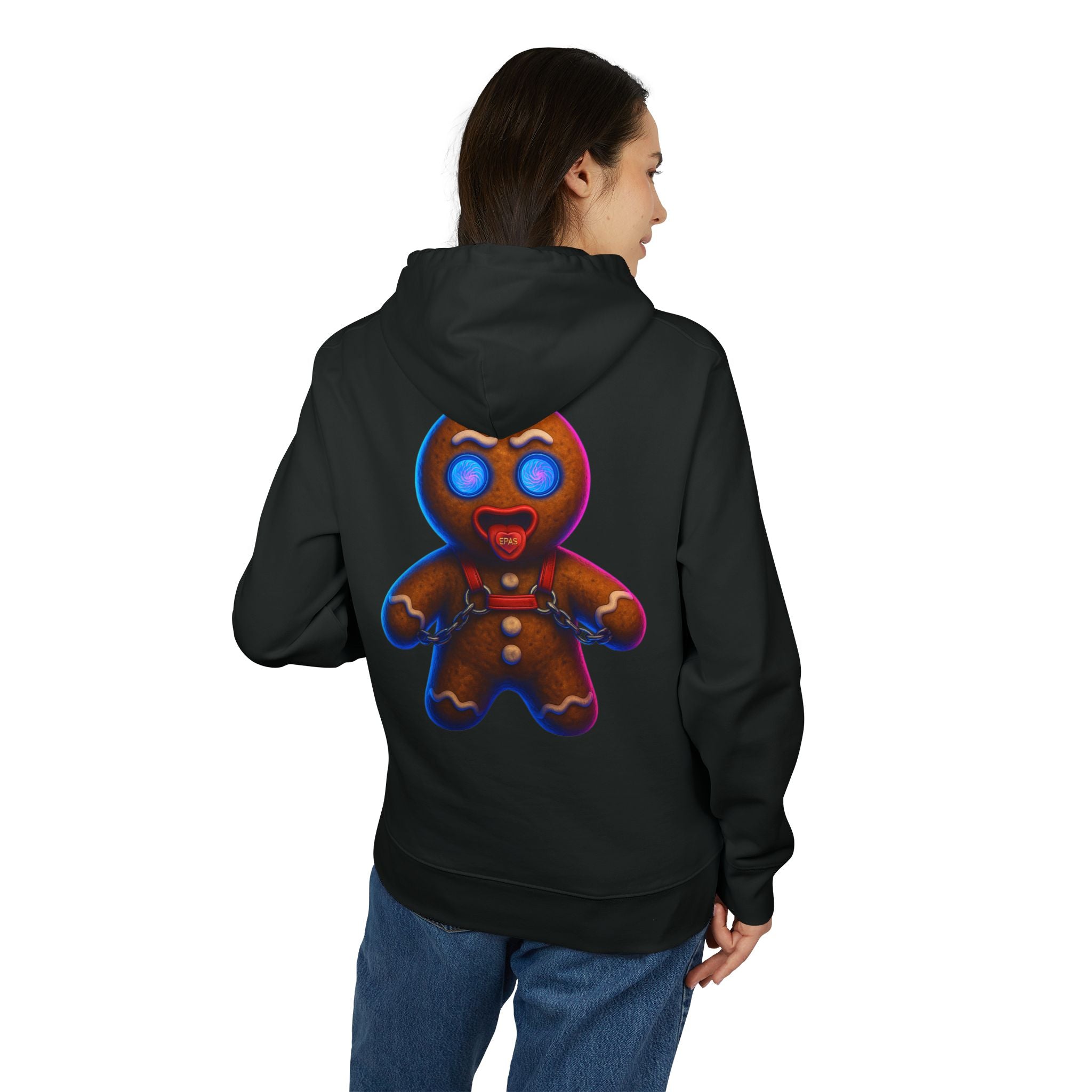 Gingerbread Demon Hoodie — EPAS Chest Logo & Glowing Gingerbread Back Print