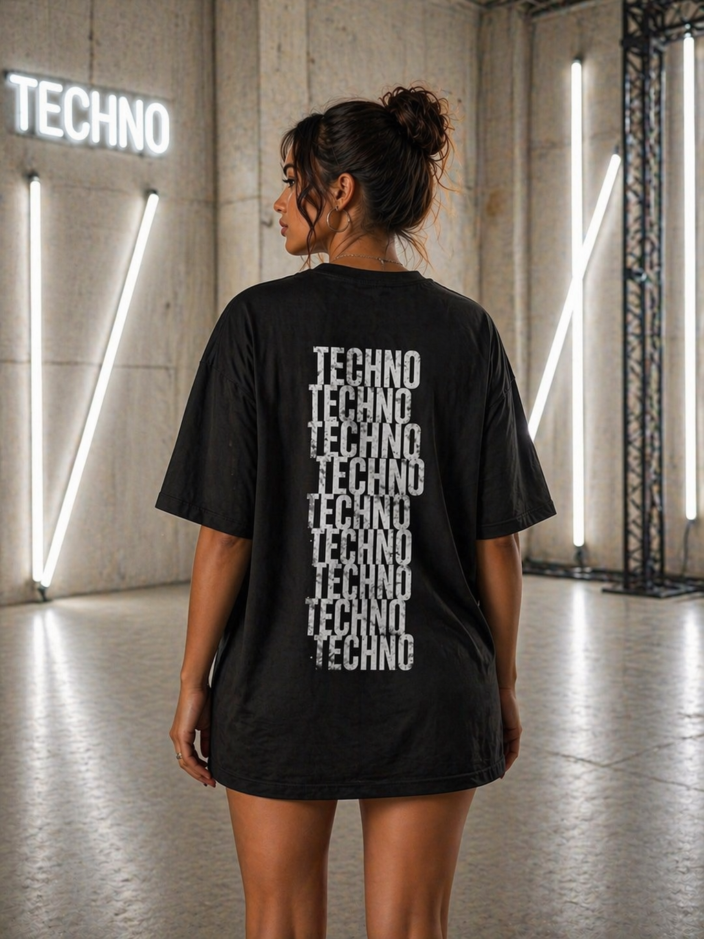 Oversized Tee — Distressed 'Techno' Stacked Graphic