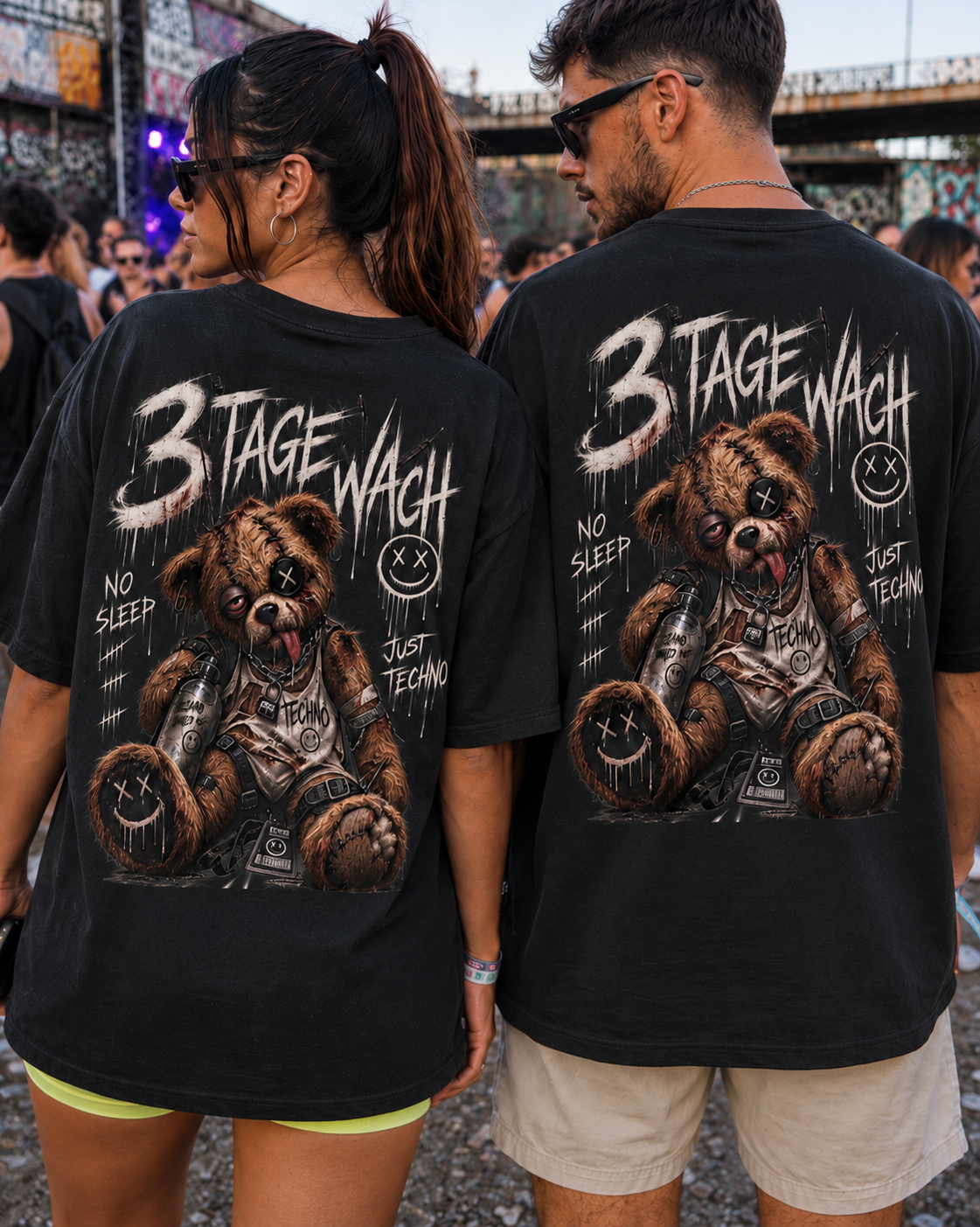 Oversized Tee — Distressed Punk Teddy "3 Stage Wall" Graphic