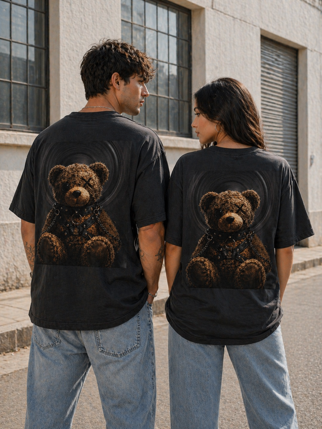 Oversized Tee — Grunge Teddy Bear Graphic Back Print