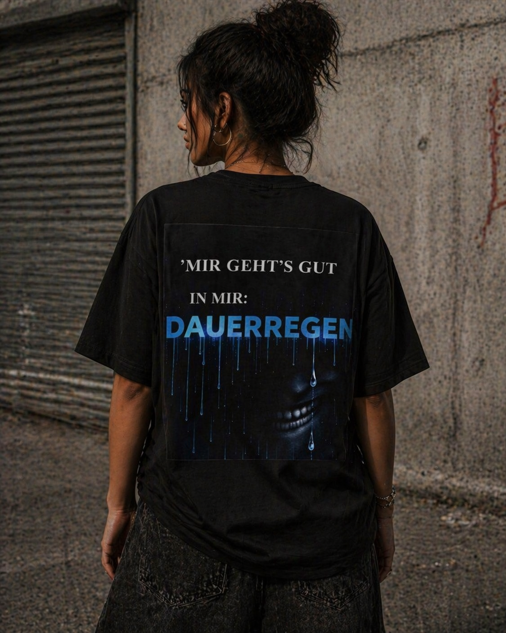 Oversized Tee — 'Mir Geht's Gut / Dauerregen' Blue Drip Graphic
