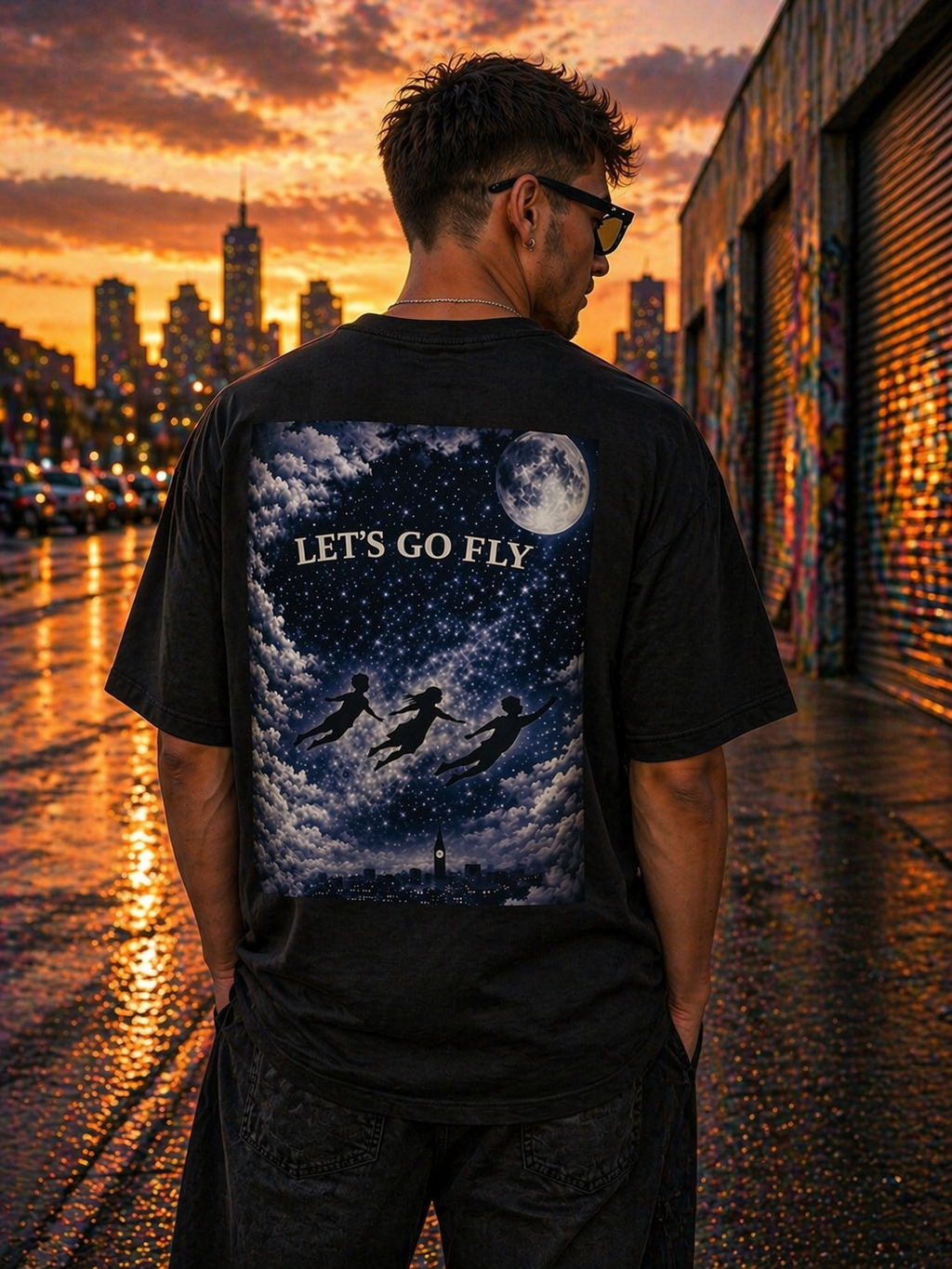 Let's Go Fly Oversized Tee — Night Sky Flying Silhouette Graphic Shirt