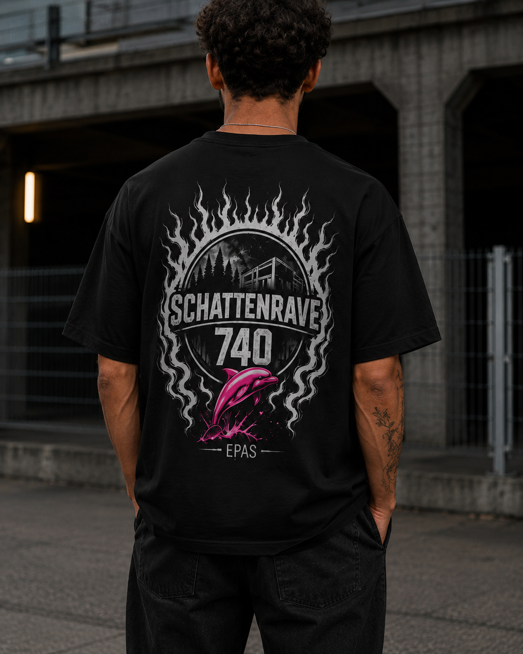 Schattenrave 740 Graphic Tee — Retro Dolphin Surfback Oversized T-Shirt