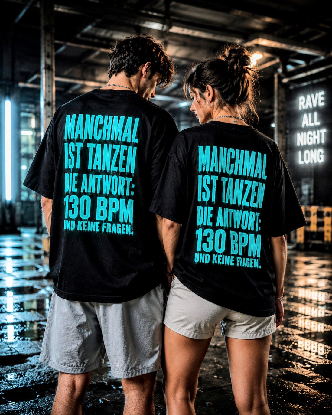 T-Shirt — 'EPAS' Neon Script & German Text Back: "Manchmal ist Tanzen die Antwort: 130 BPM"