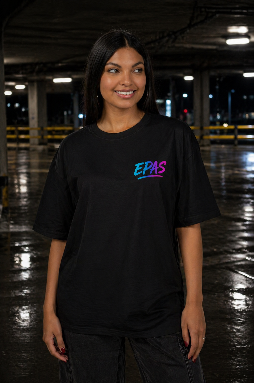 After Hours Graphic Tee — Retro Neon 'EPAS' Chest Logo, Late-Night Vibes