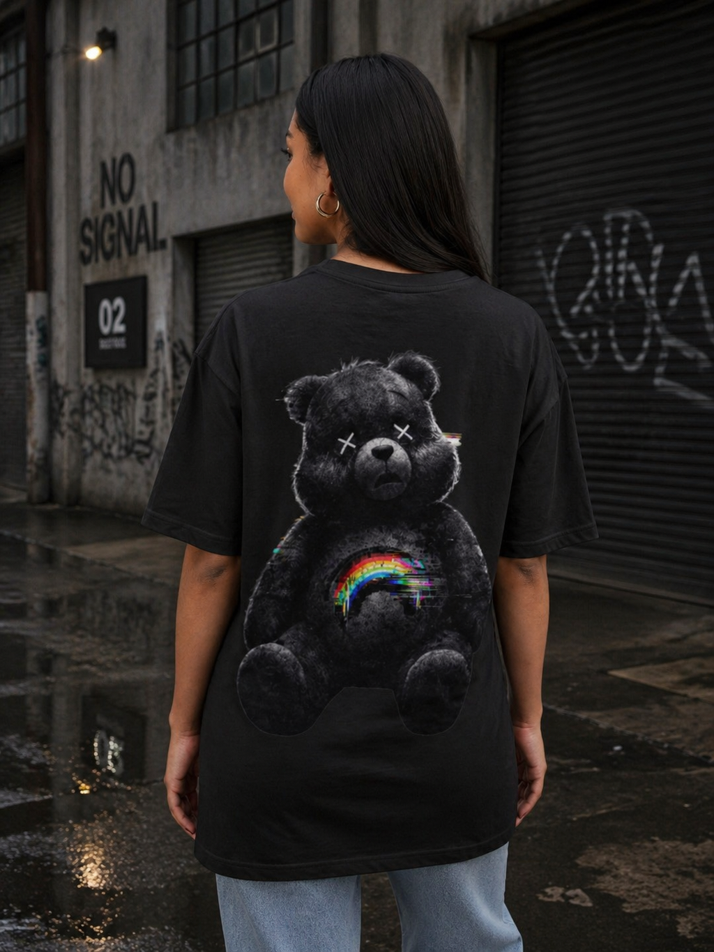 Oversized Tee — Dark Grunge Teddy Bear with Rainbow Chest