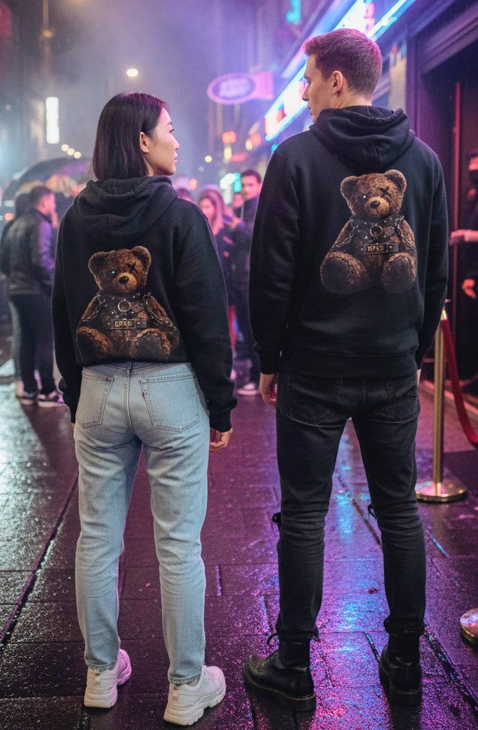 Teddy Bear Hoodie — Vintage Brown Plush Back Graphic, Cozy Streetwear Pullover