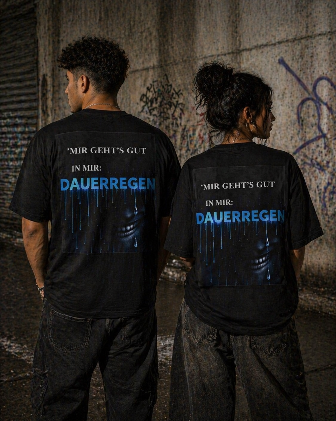 Oversized Tee — 'Mir Geht's Gut / Dauerregen' Blue Drip Graphic