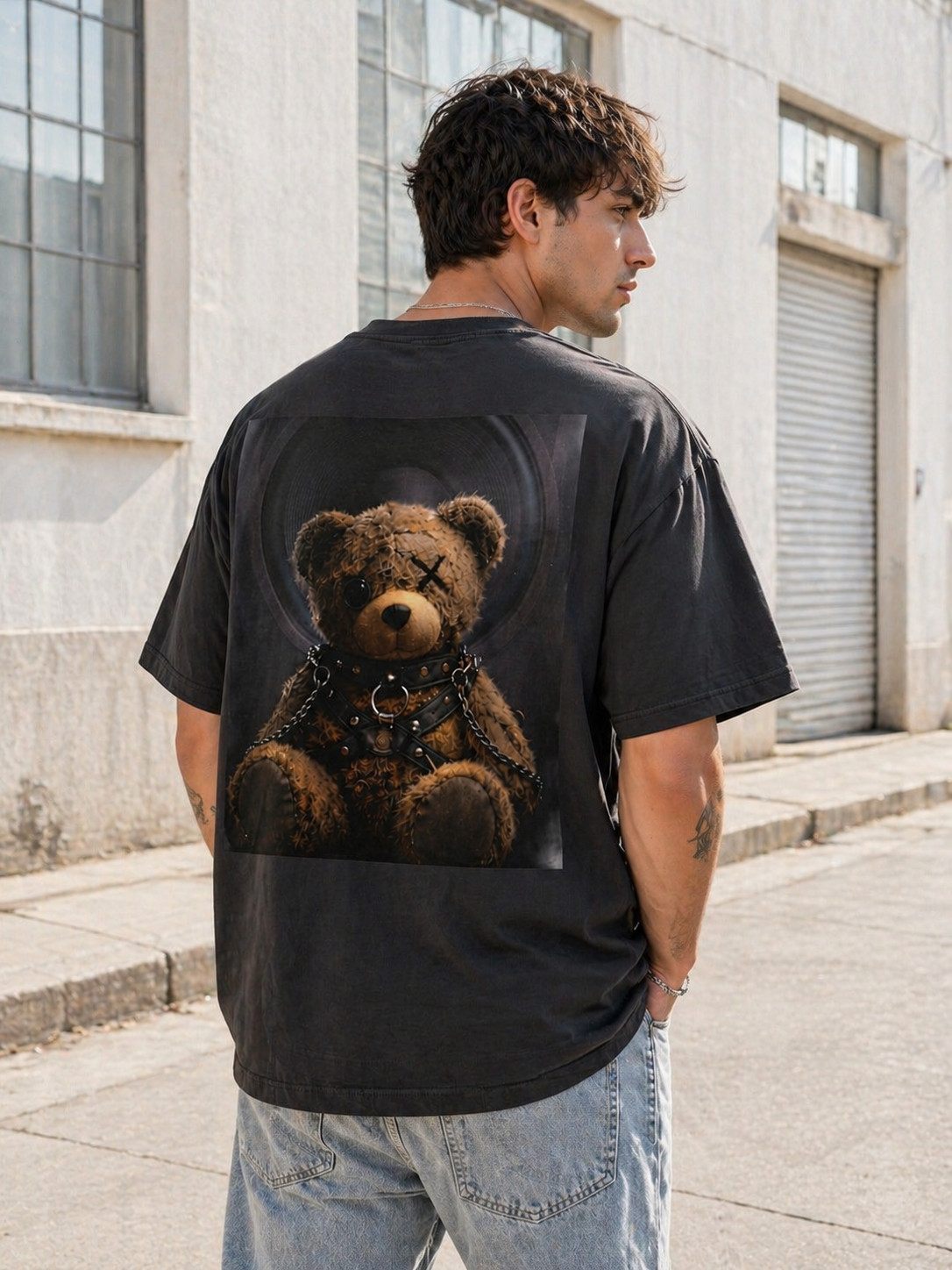 Oversized Tee — Grunge Teddy Bear Graphic Back Print
