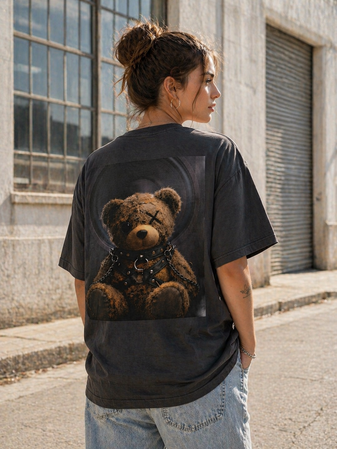 Oversized Tee — Grunge Teddy Bear Graphic Back Print