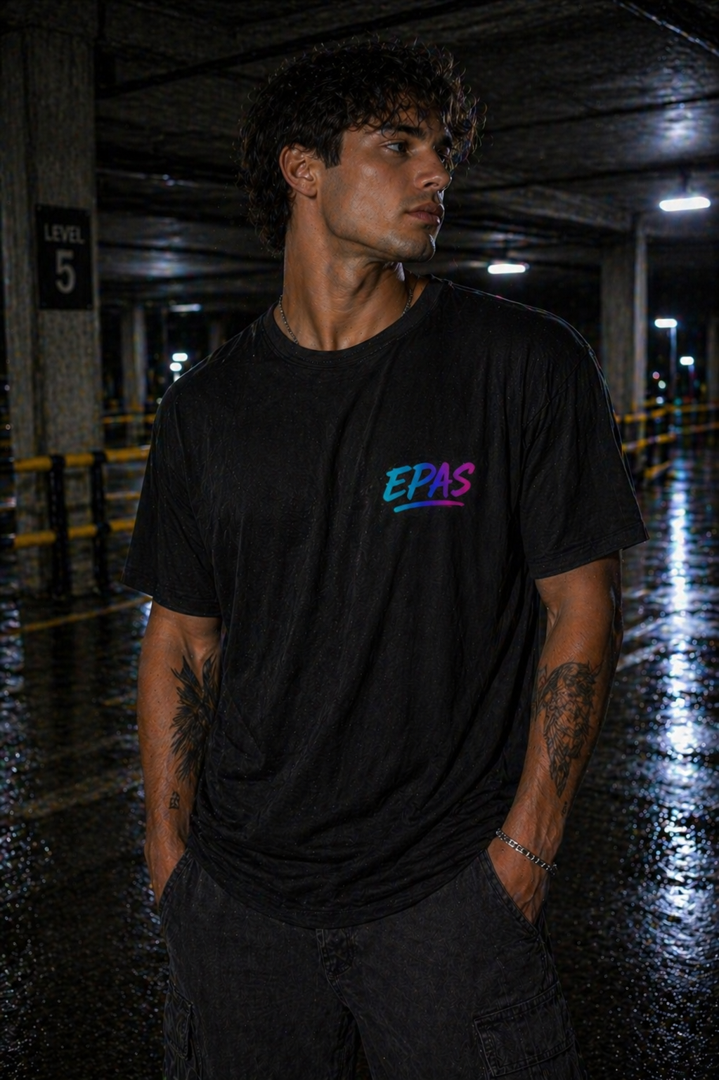 After Hours Graphic Tee — Retro Neon 'EPAS' Chest Logo, Late-Night Vibes