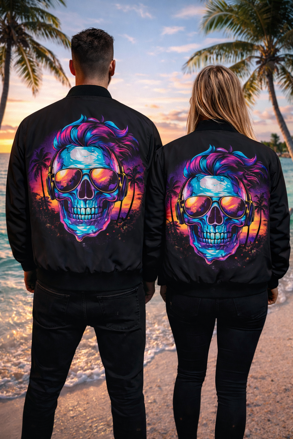 Neon Skull Sunset Bomber Jacket