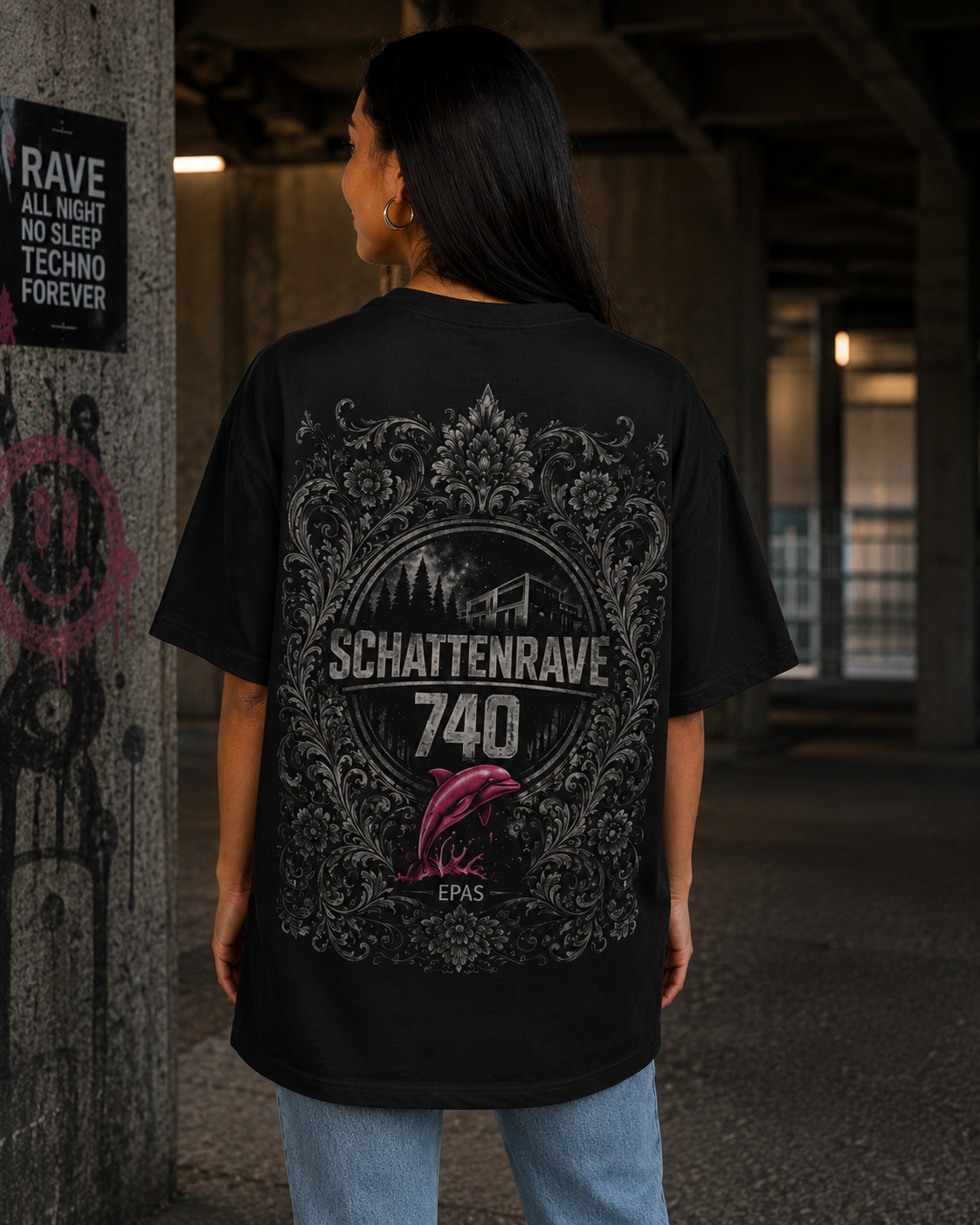 Oversized T-Shirt — 'Schattenrave 740' Graphic Tee (Back Crest & Front Chest Logo)