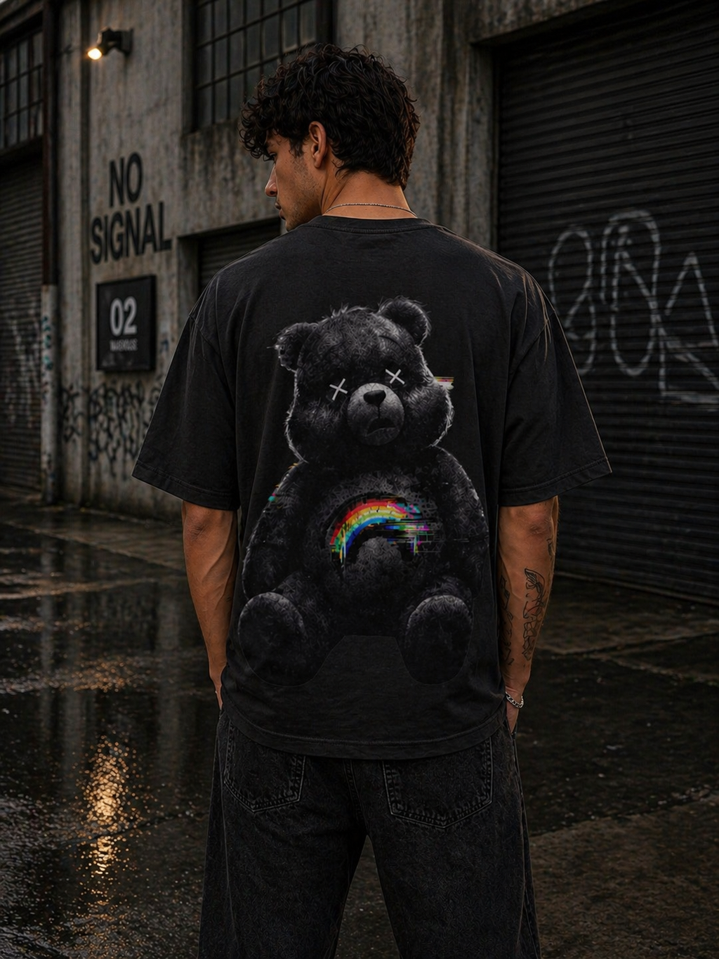 Oversized Tee — Dark Grunge Teddy Bear with Rainbow Chest