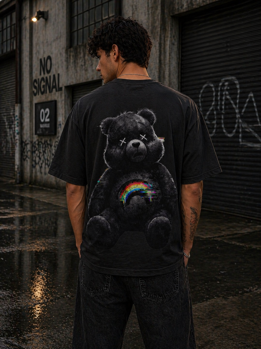 Oversized Tee — Dark Grunge Teddy Bear with Rainbow Chest