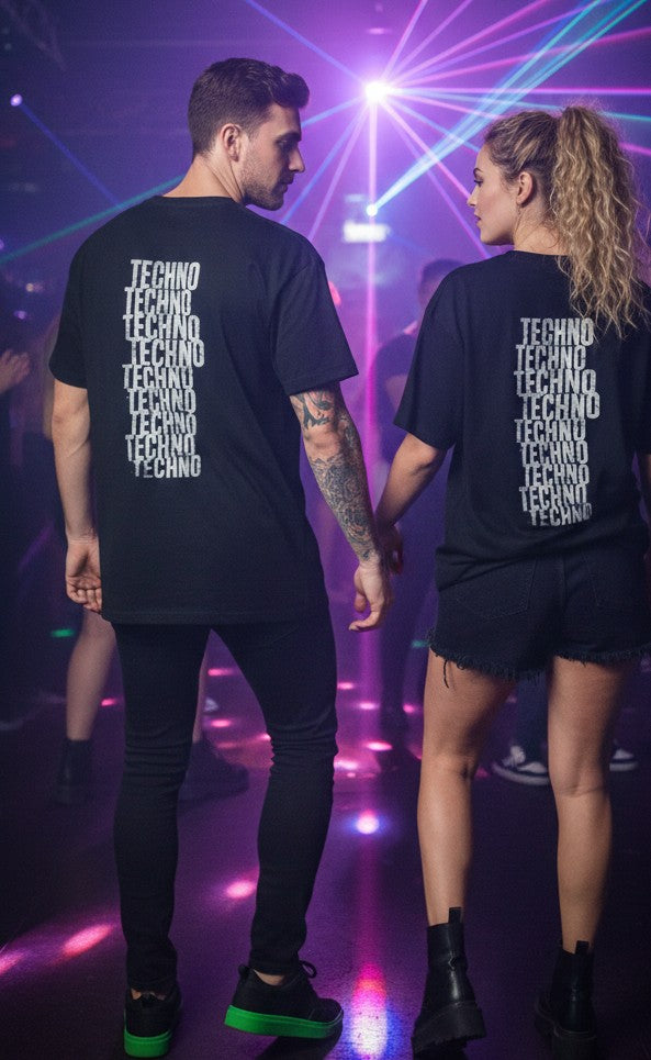 Oversized Tee — Distressed 'Techno' Stacked Graphic