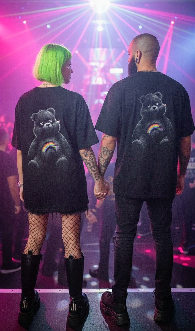 Oversized Tee — Dark Grunge Teddy Bear with Rainbow Chest
