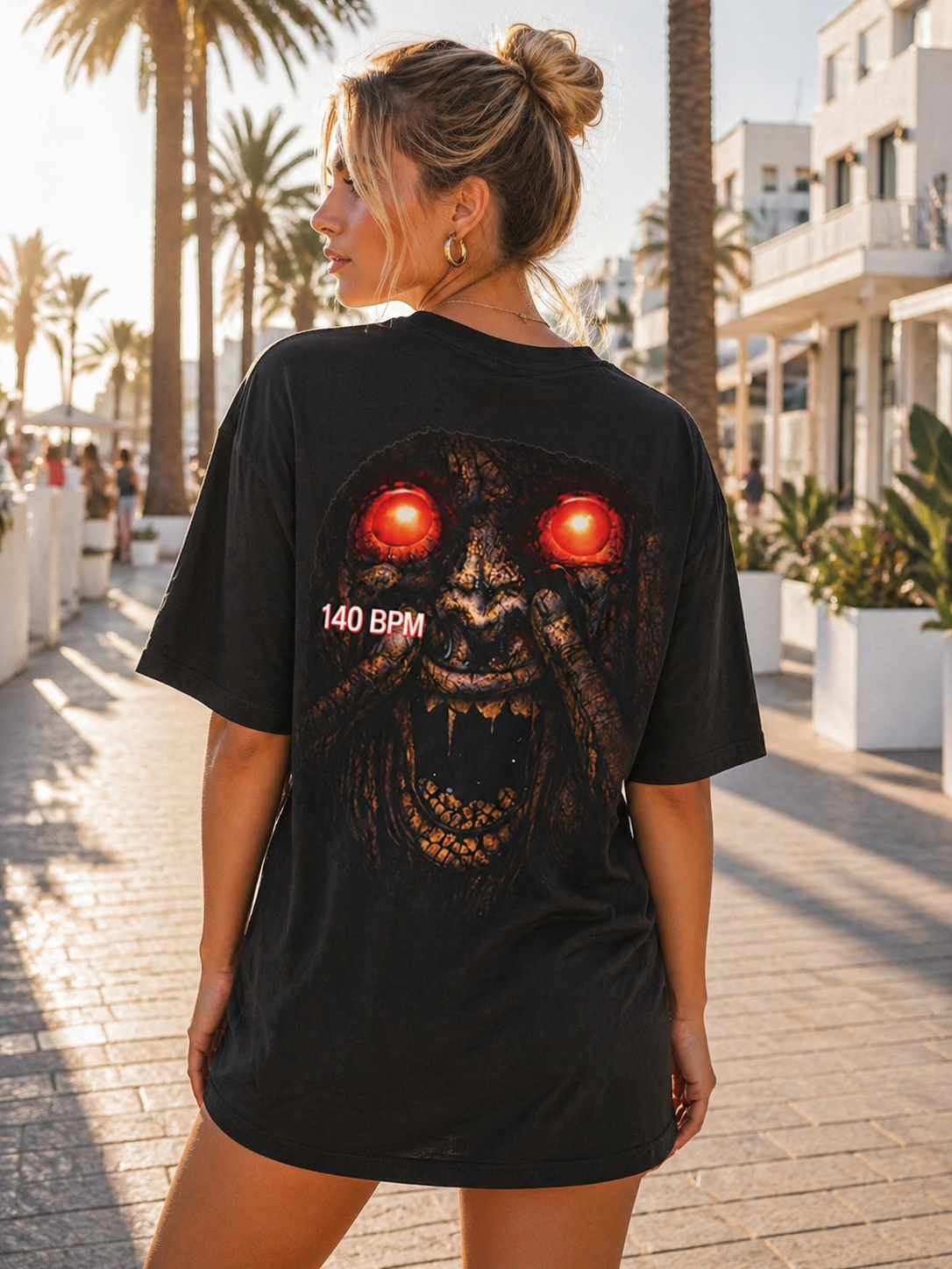 Horror Graphic Tee – Red-Eyed Demon Face with “140 BPM” Back Print