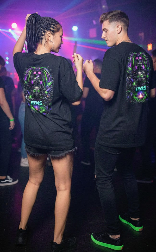Oversized Tee — Neon Cyber Skull Graphic “EPAS” Streetwear