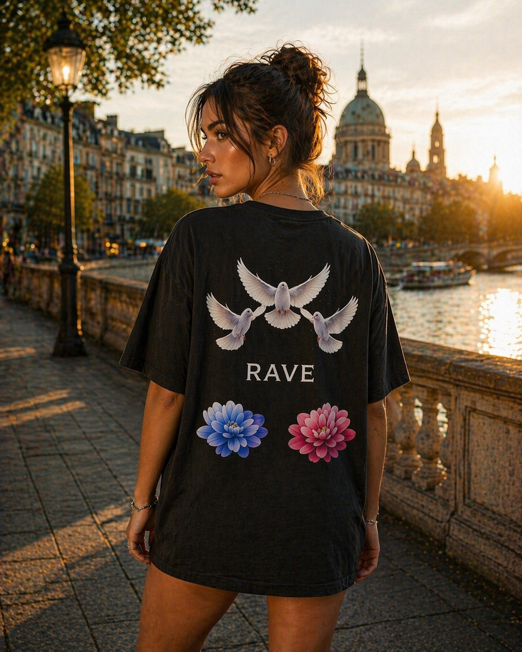 Oversized Tee — Doves & Dual Flowers 'RAVE' Graphic