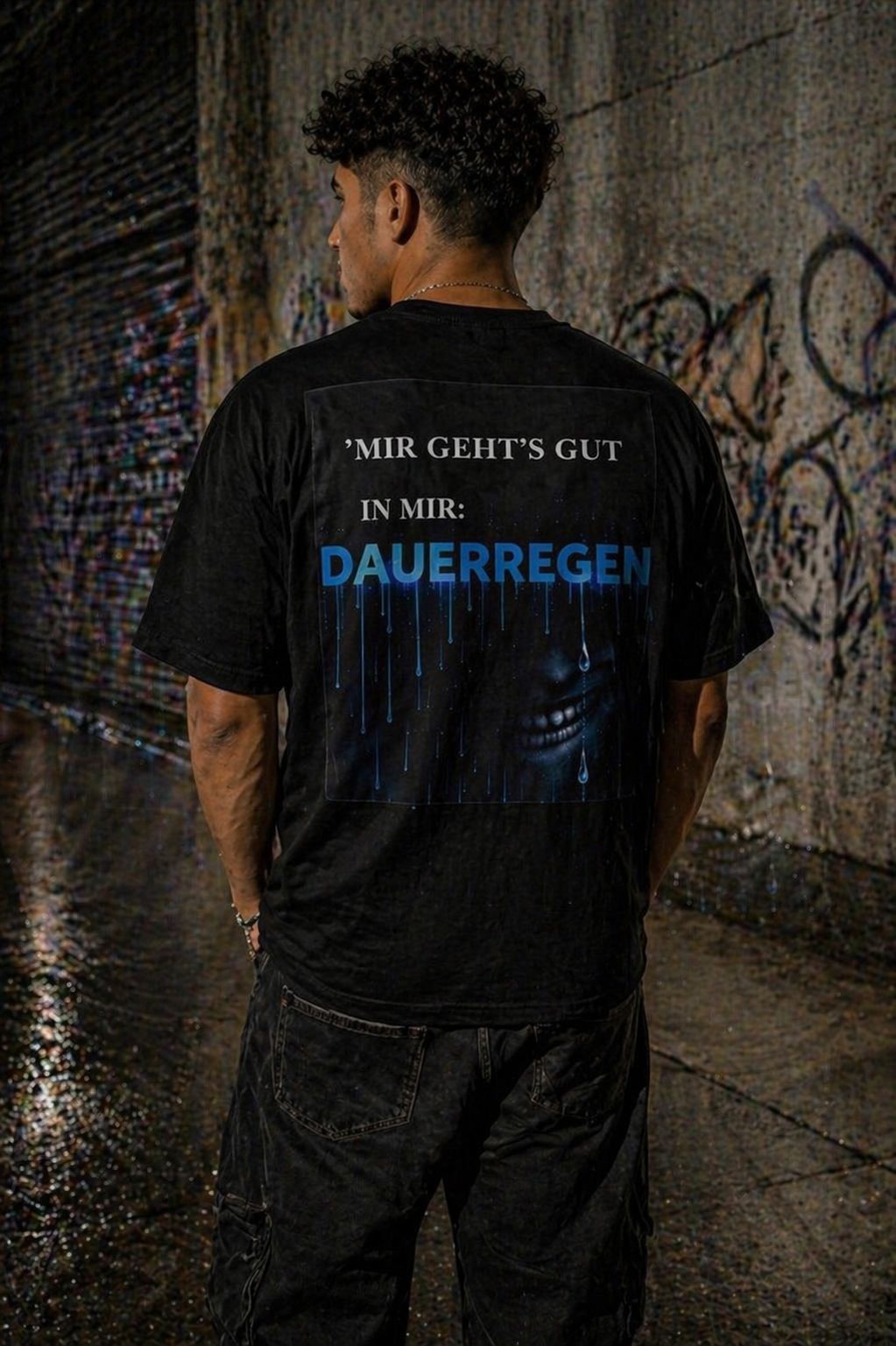 Oversized Tee — 'Mir Geht's Gut / Dauerregen' Blue Drip Graphic