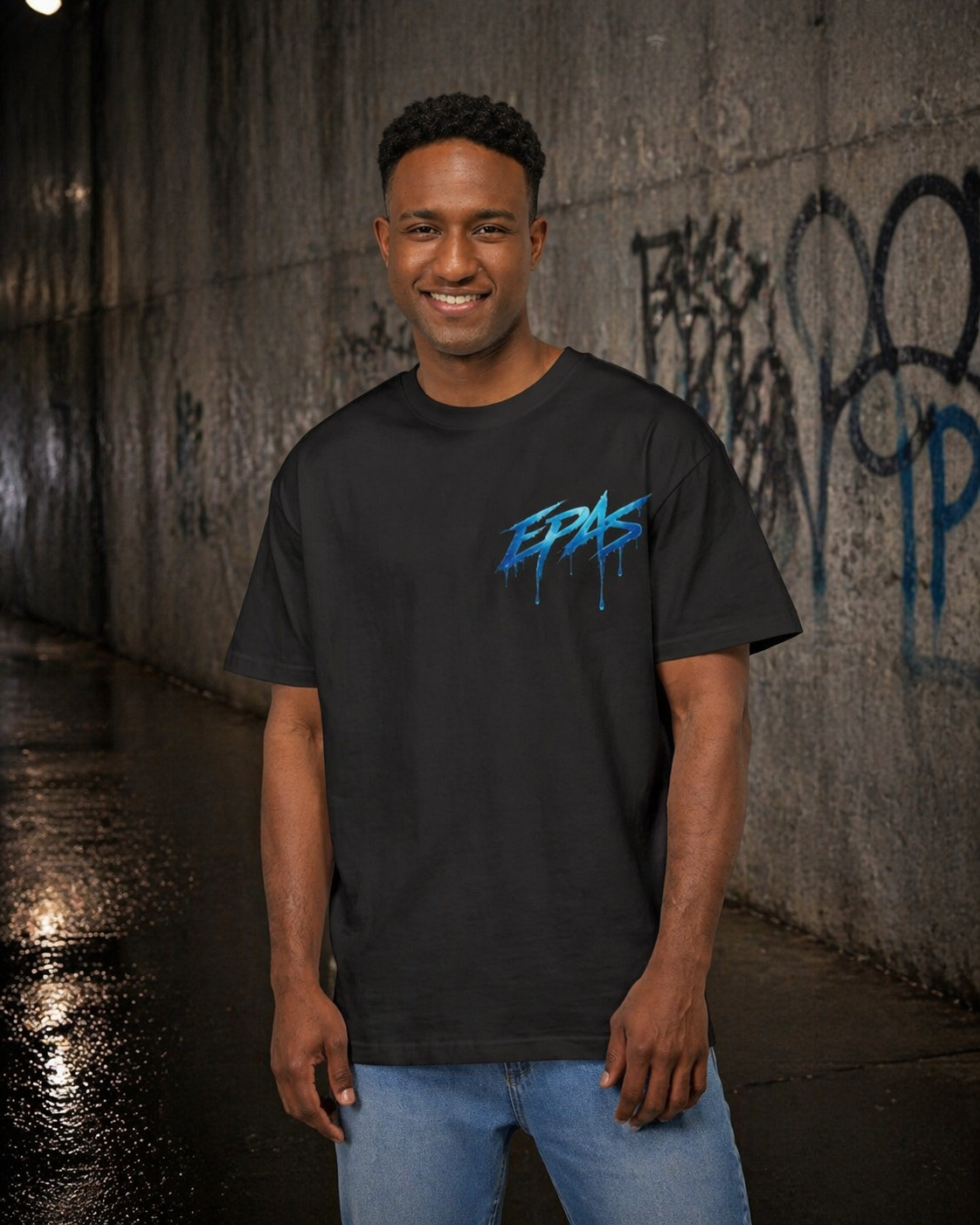 Oversized Tee — 'Mir Geht's Gut / Dauerregen' Blue Drip Graphic