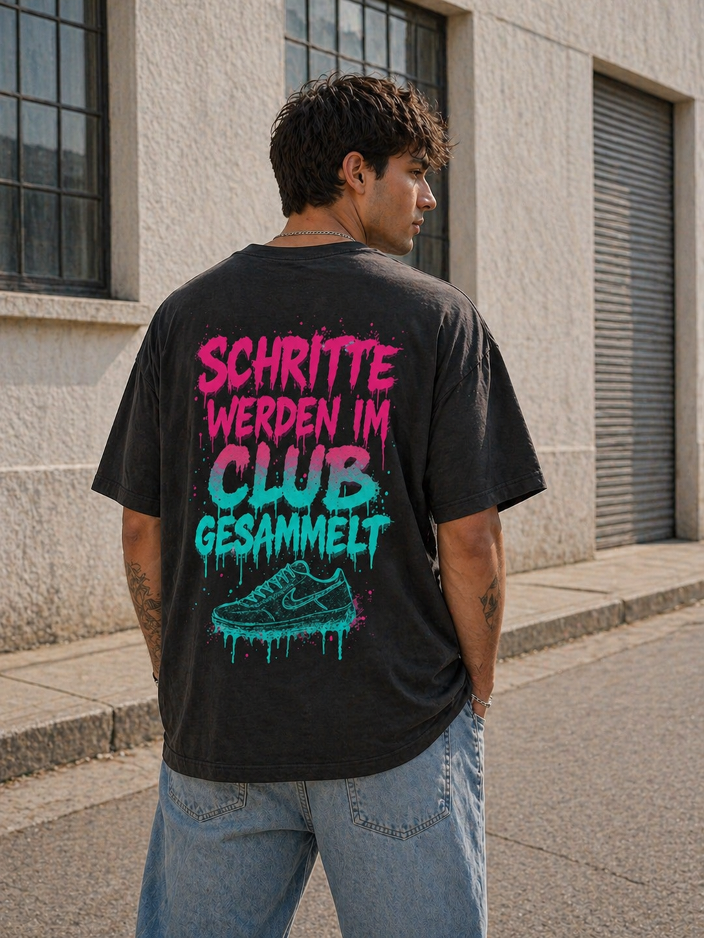 Oversize Tee — "Schritte Werden Im Club Gesammelt" Neon Sneaker Graphic