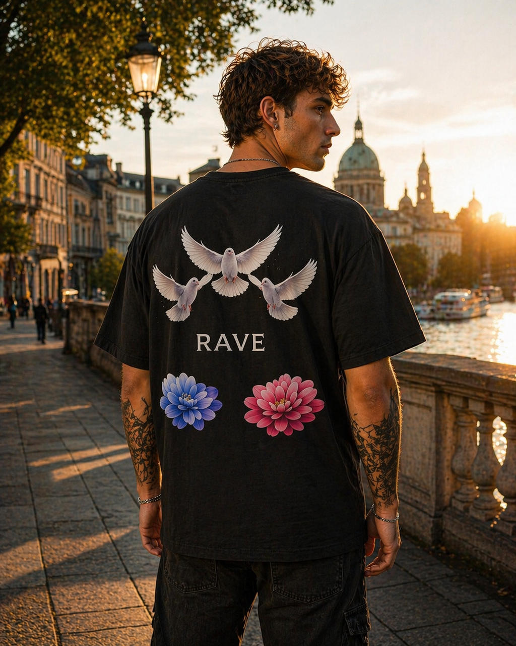 Oversized Tee — Doves & Dual Flowers 'RAVE' Graphic