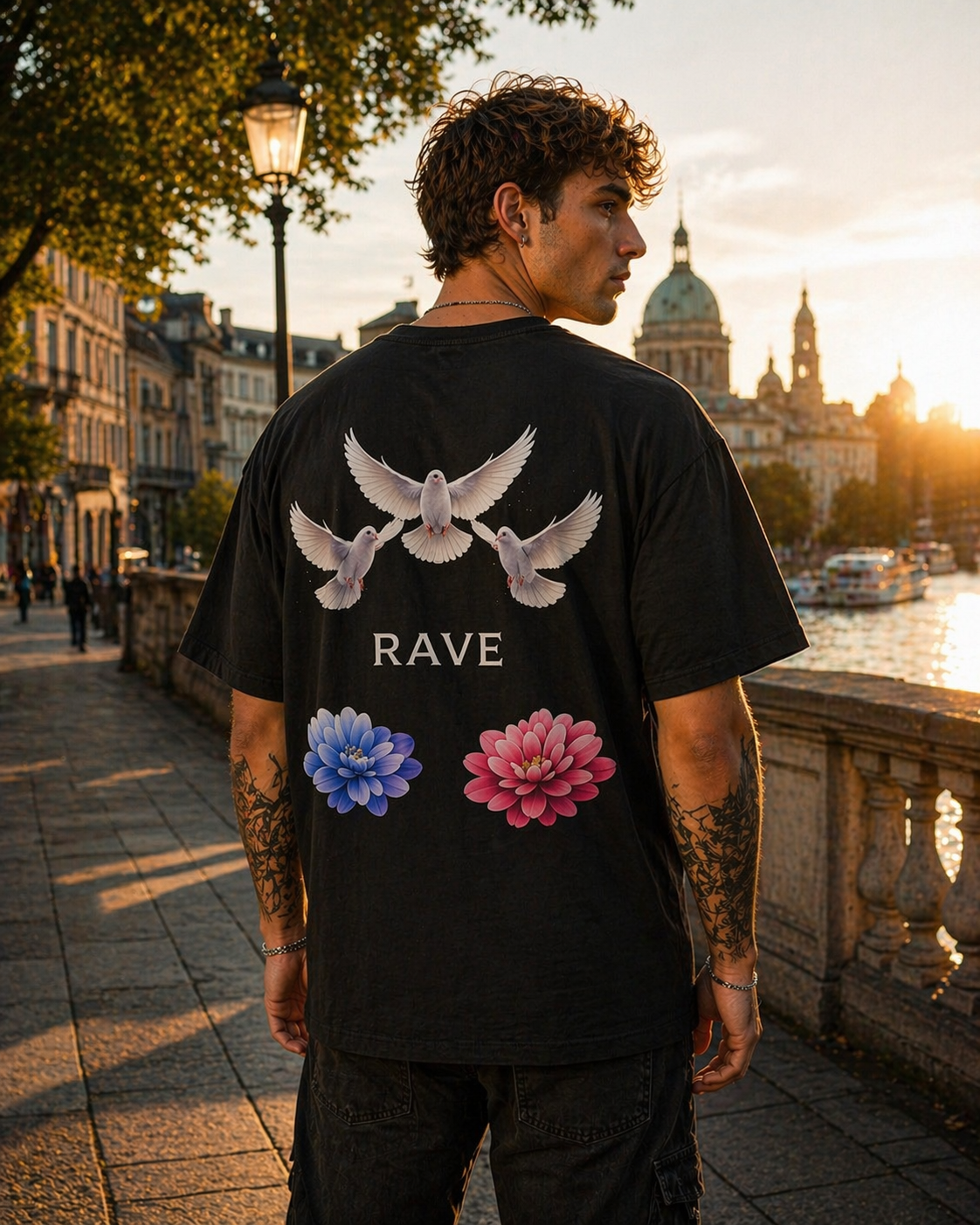 Oversized Tee — Doves & Dual Flowers 'RAVE' Graphic