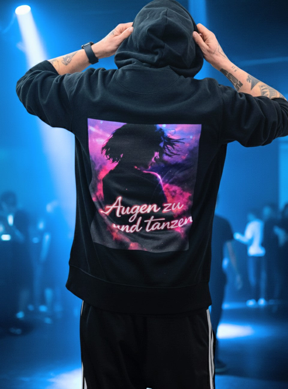 Hoodie — "Augen zu und tanzen" Graphic Pullover (Dance Night Vibe)