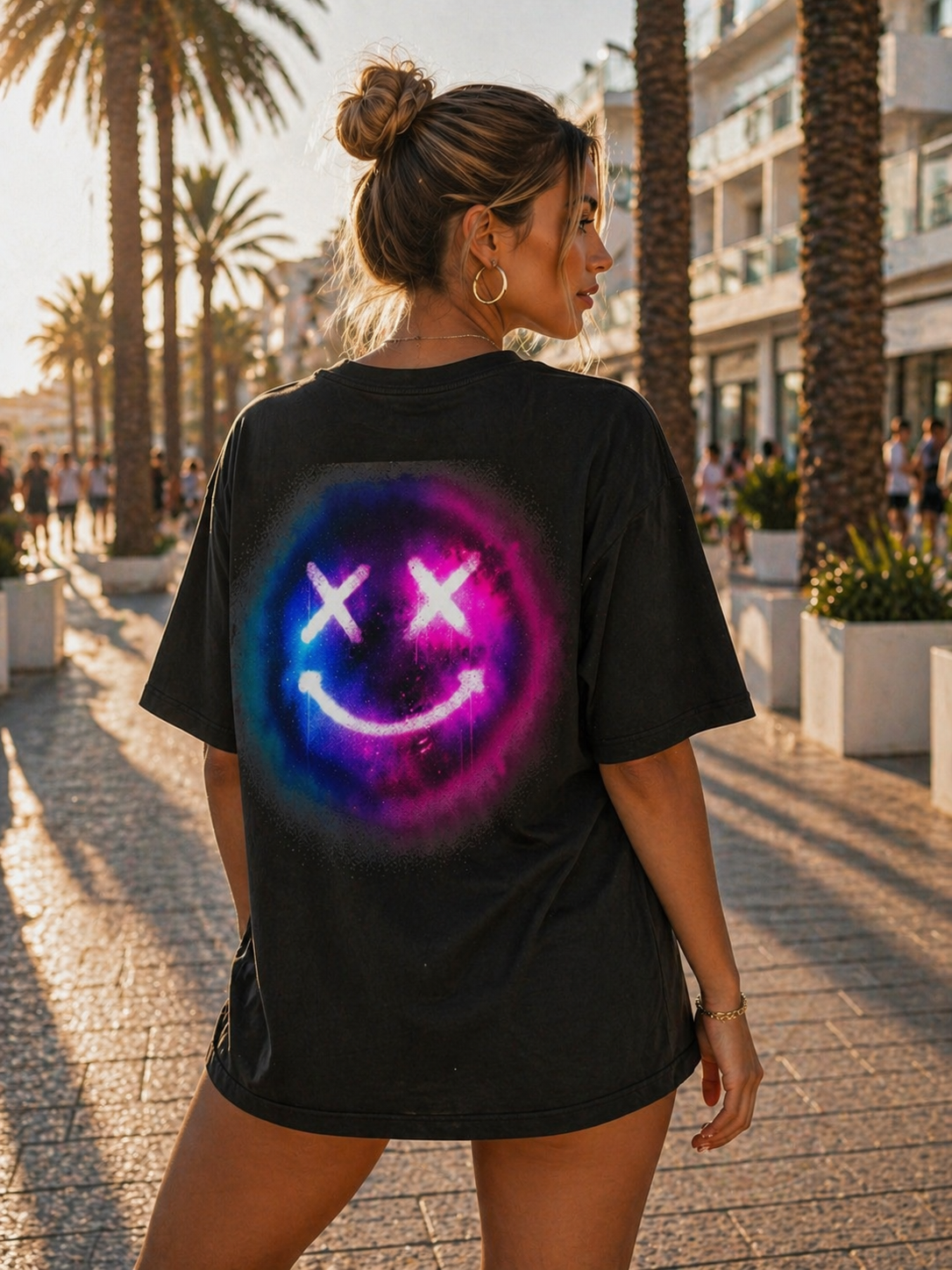 Oversize Tee — Neon Smiley Face Galaxy Graphic