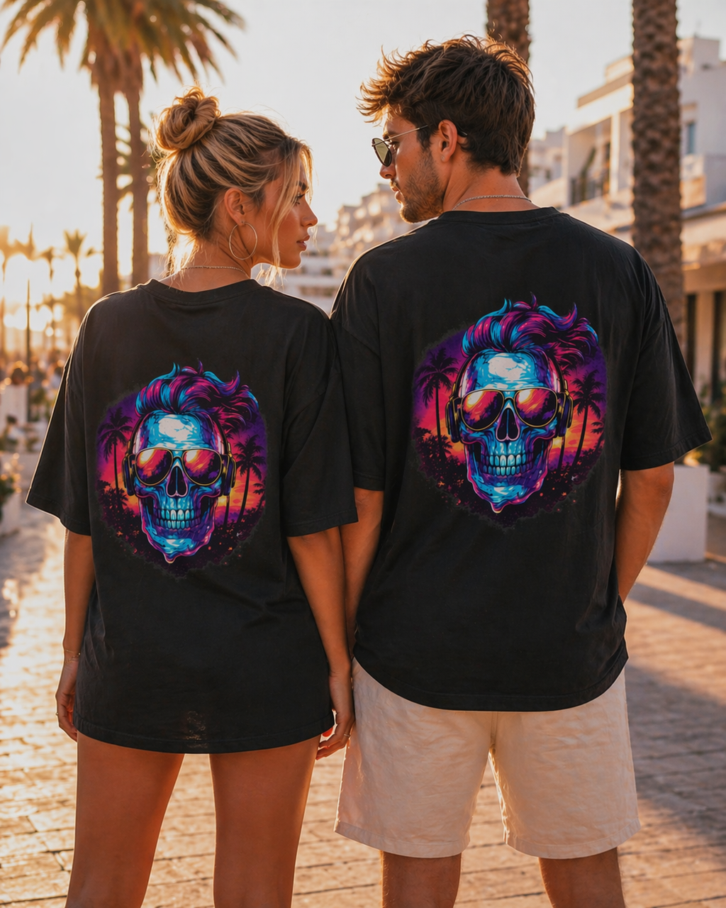 Neon Skull Beach Tee – Retro Sunset Skull Graphic T-Shirt
