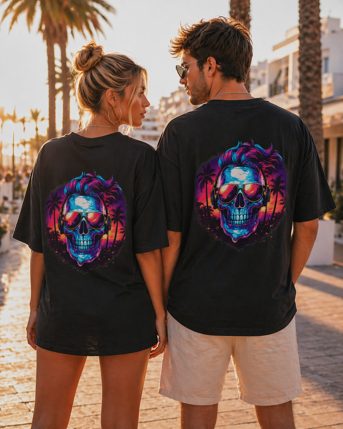 Neon Skull Beach Tee – Retro Sunset Skull Graphic T-Shirt