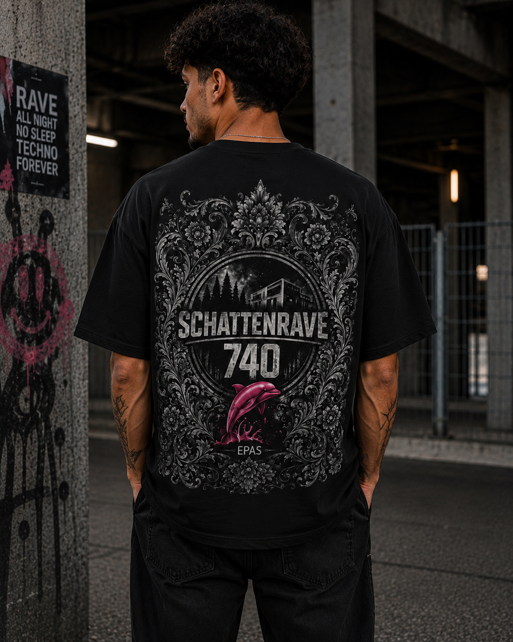 Oversized T-Shirt — 'Schattenrave 740' Graphic Tee (Back Crest & Front Chest Logo)