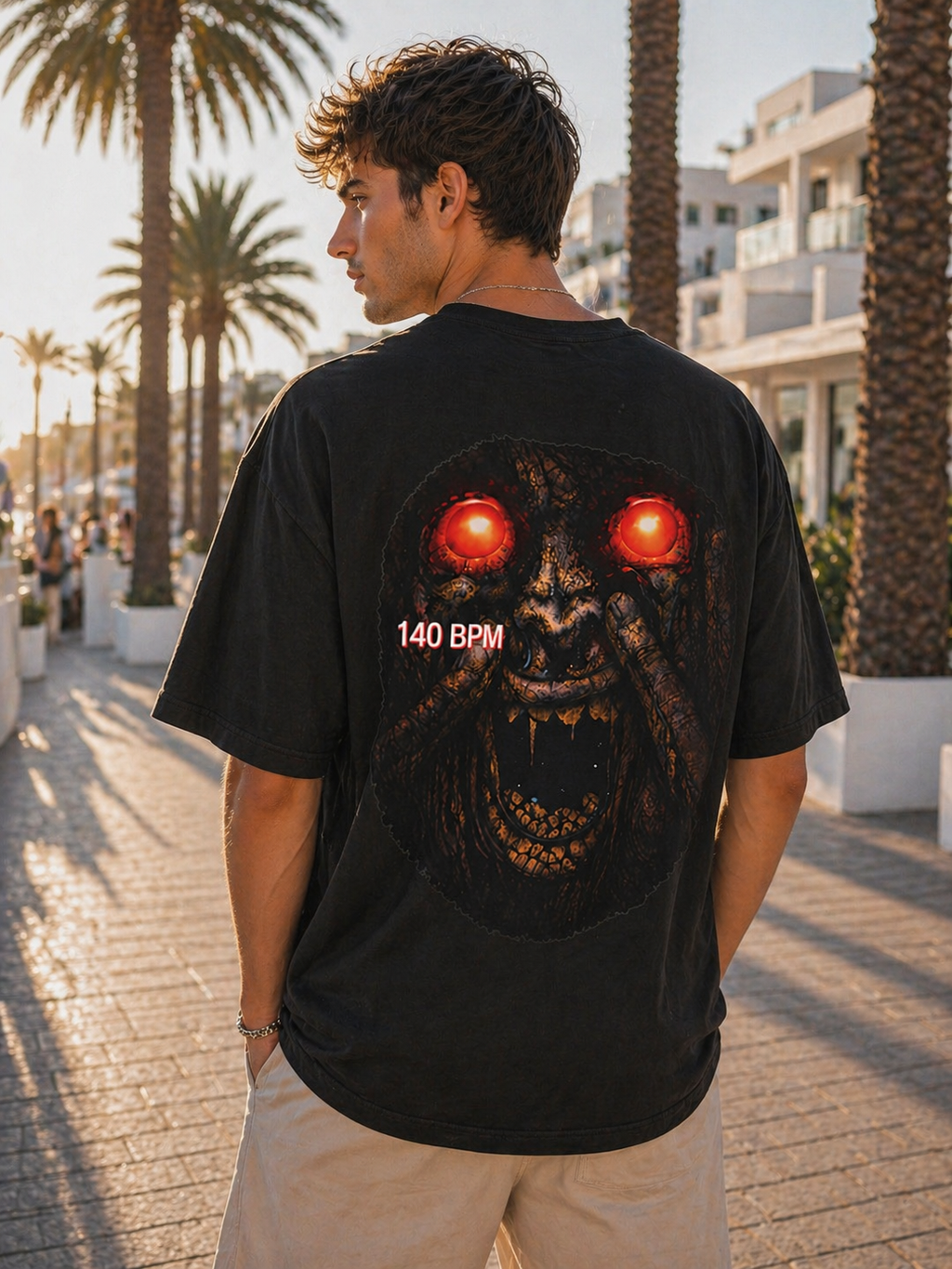Horror Graphic Tee – Red-Eyed Demon Face with “140 BPM” Back Print